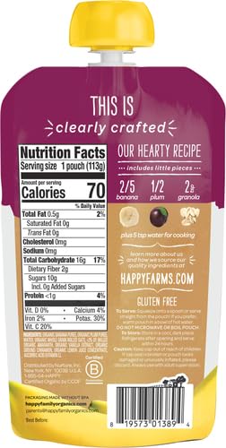 Happy Baby Organics Stage 2 Baby Food Pouches, Gluten Free, Vegan & Healthy Snack, Clearly Crafted Fruit & Veggie Puree, Bananas, Plums & Granola, 4 Ounces (Pack of 1)