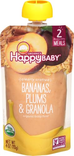 Happy Baby Organics Stage 2 Baby Food Pouches, Gluten Free, Vegan & Healthy Snack, Clearly Crafted Fruit & Veggie Puree, Bananas, Plums & Granola, 4 Ounces (Pack of 1)