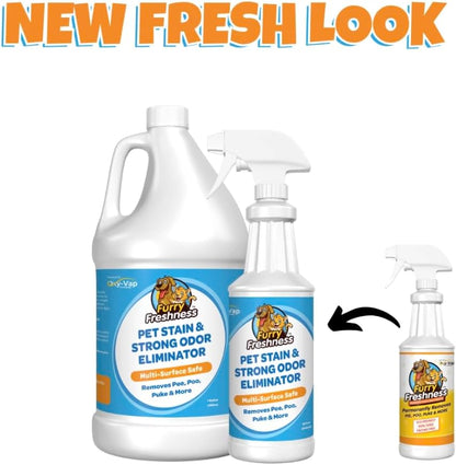 FurryFreshness Extra Strength Cat or Dog Pee Stain & Permanent Odor Remover + Smell Eliminator -Removes Stains from Pets & Kids Including Urine or Blood- Lifts Old Carpet Stains- 32oz Spray & 1 Gallon