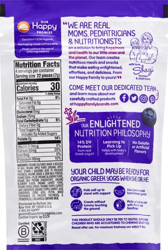 Happy Baby Organics Baby Snacks, Greek Yogis, Freeze Dried Yogurt &Veggie Fruit Snacks, Gluten Free Snack for Babies 9+ Months, Blueberry & Purple Carrot, 1 Ounce