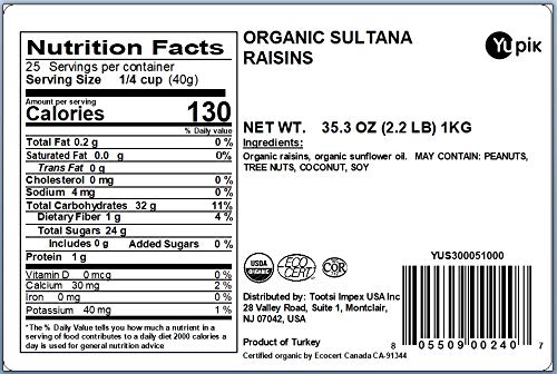 Yupik Organic Sultana Raisins, 2.2 lb, Gluten-Free, Kosher, Non-GMO, Vegan, Whole Dried Fruits, Naturally Sweet, No Added Sugar, Seedless, Healthy Snacks, Fruity Topping & Inclusion, Ideal for Baking