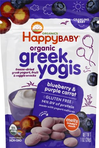 Happy Baby Organics Baby Snacks, Greek Yogis, Freeze Dried Yogurt &Veggie Fruit Snacks, Gluten Free Snack for Babies 9+ Months, Blueberry & Purple Carrot, 1 Ounce