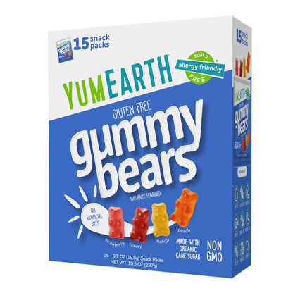 YumEarth Organic Gummy Bears - Fruity Gummy Candy Snack Packs, Gluten Free Snacks for Kids - Allergy Friendly, Non-GMO, No Artificial Flavors or Dyes - Assorted Flavors, 0.7 Oz - 15 Count (Pack of 1)