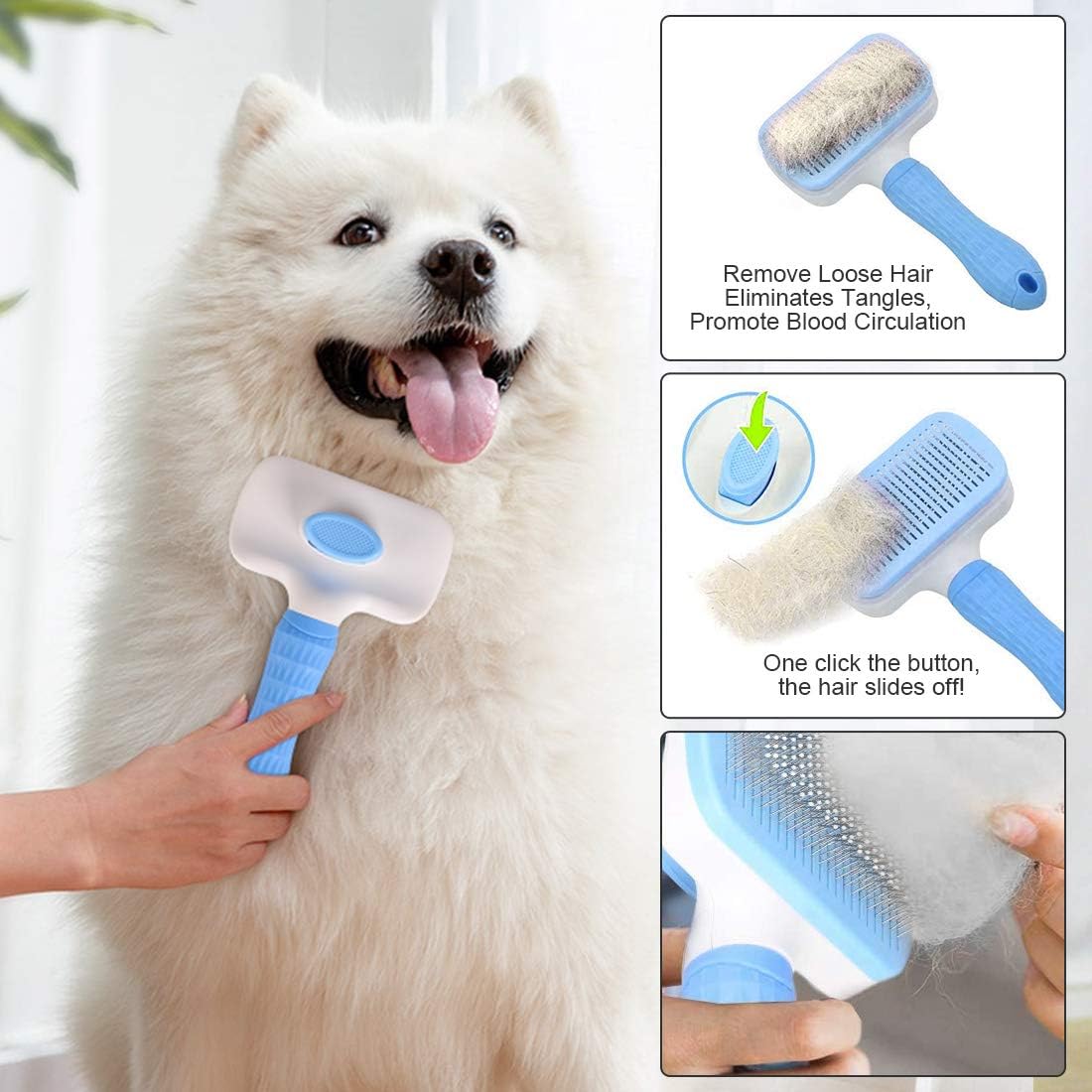 Atlamia Self Cleaning Slicker Brush,Dog Brush & Cat Brush with Massage Particles,Removes Loose hair & Tangles,Skin Friendly & Promote Circulation-Blue 1