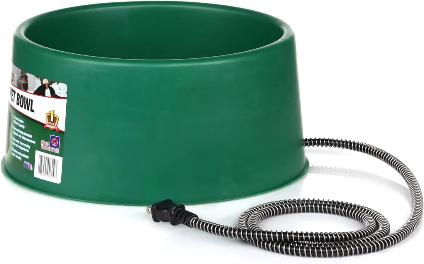 Farm Innovators 1.5 Gallon 60 Watt Electric Powered Heated Pet Water Bowl with Thermostatic Control and Anti Chew Cord, Green