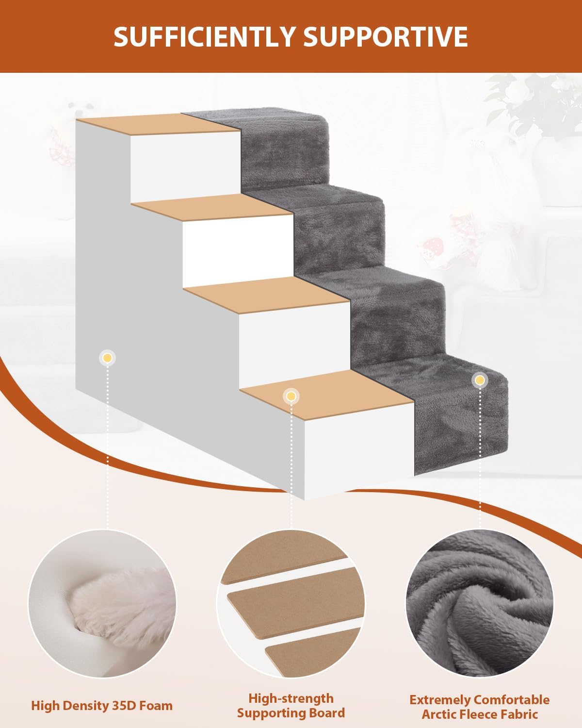 Dog Stairs for Small Dogs,17.5" 4-Step Pet Stairs for High Beds and Couches，Dog Steps with Non-Slip Bottom and High-Density Foam Indoor Outdoor,Grey