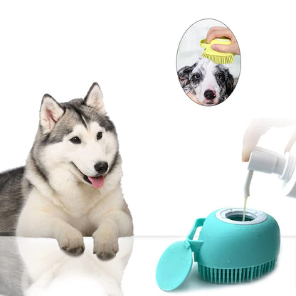 ELEGX Pet Grooming Bath Massage Brush with Soap and Shampoo Dispenser Soft Silicone Bristle for Long Short Haired Dogs Cats Shower (Yellow)