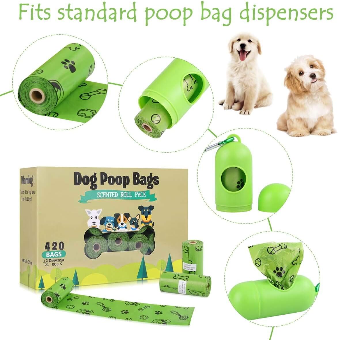 Dog Poop Bags(420 Count), Scented Poop Bags for Dogs Leak Proof Doggie Poop Bag Refills Rolls Pet Waste Bags with 2 Free Dispenser