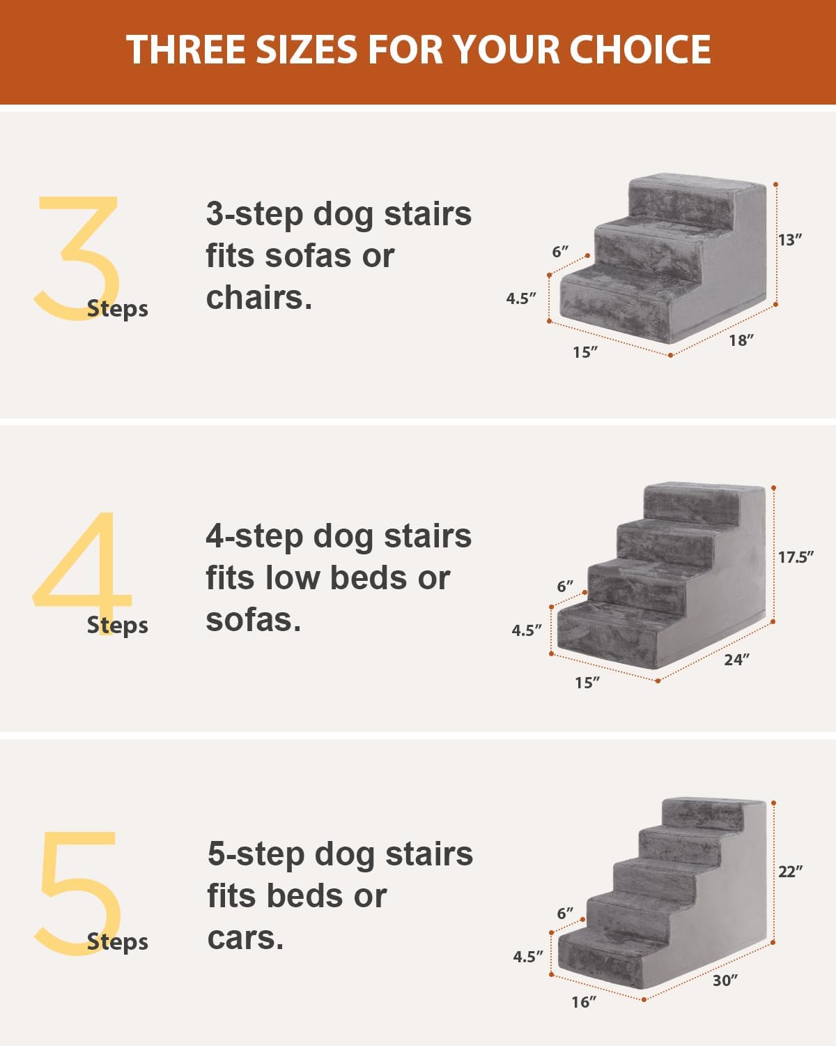 Dog Stairs for Small Dogs,17.5" 4-Step Pet Stairs for High Beds and Couches，Dog Steps with Non-Slip Bottom and High-Density Foam Indoor Outdoor,Grey