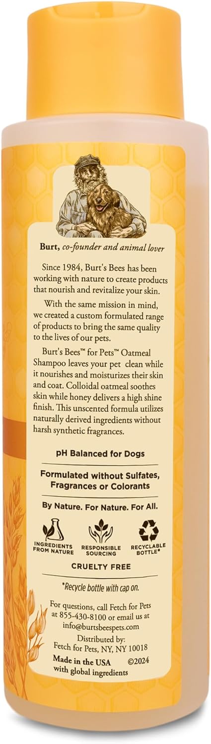 Burt's Bees for Pets Oatmeal Dog Shampoo - Soothing Shampoo for Dogs - Gentle Dog Shampoo for Sensitive Skin - Moisturizing Pet Care with Colloidal Oat Flour & Honey - Fragrance Free, 16 Oz