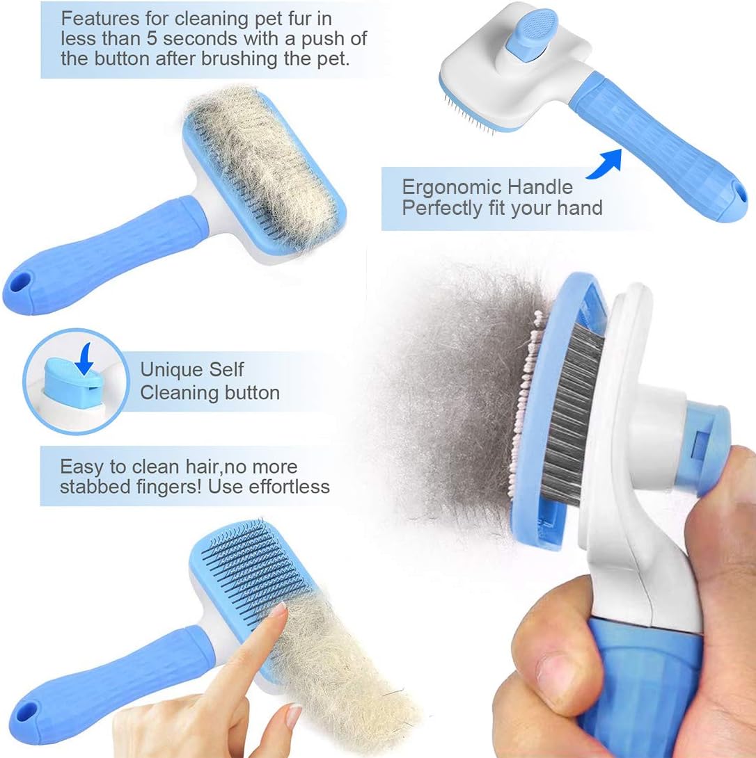 Atlamia Self Cleaning Slicker Brush,Dog Brush & Cat Brush with Massage Particles,Removes Loose hair & Tangles,Skin Friendly & Promote Circulation-Blue 1