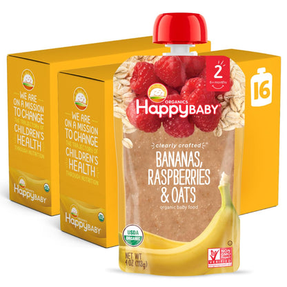 Happy Baby Organics Stage 2 Baby Food Pouches, Gluten Free, Vegan & Healthy Snack, Clearly Crafted Fruit & Veggie Puree, Bananas, Raspberries & Oats, 4 Ounces (Pack of 16)