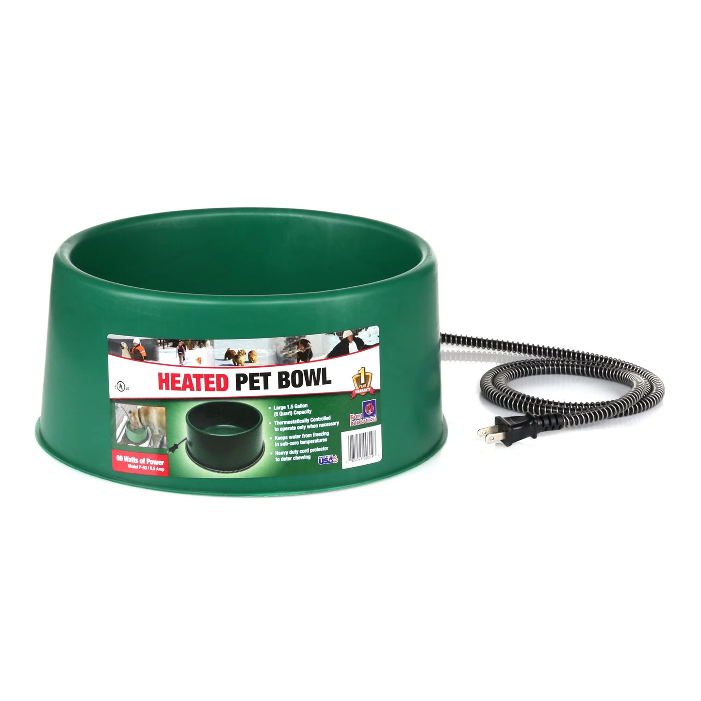 Farm Innovators 1.5 Gallon 60 Watt Electric Powered Heated Pet Water Bowl with Thermostatic Control and Anti Chew Cord, Green