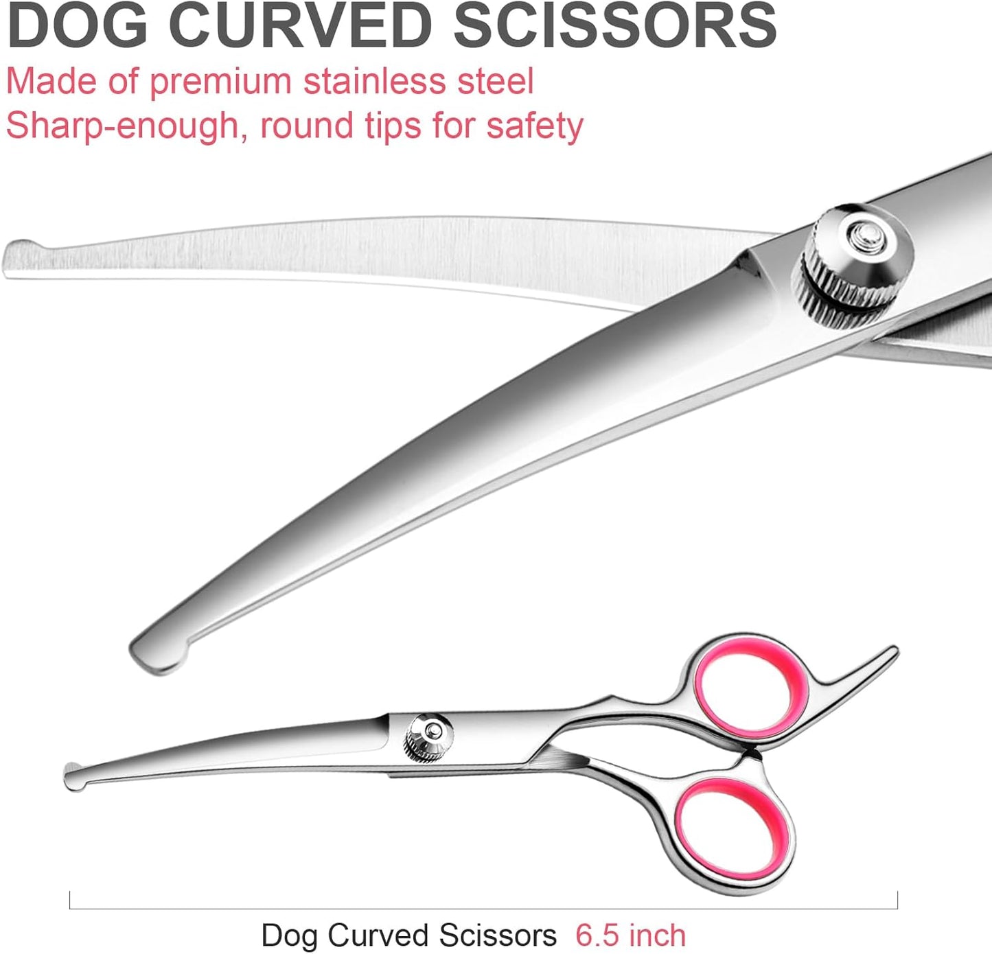 Dog Grooming Scissors with Safety Round Tips Stainless Steel Professional Dog Grooming Kit - Thinning, Curved Scissors and Comb for Dog Cat Pet (Pink 4 in 1)