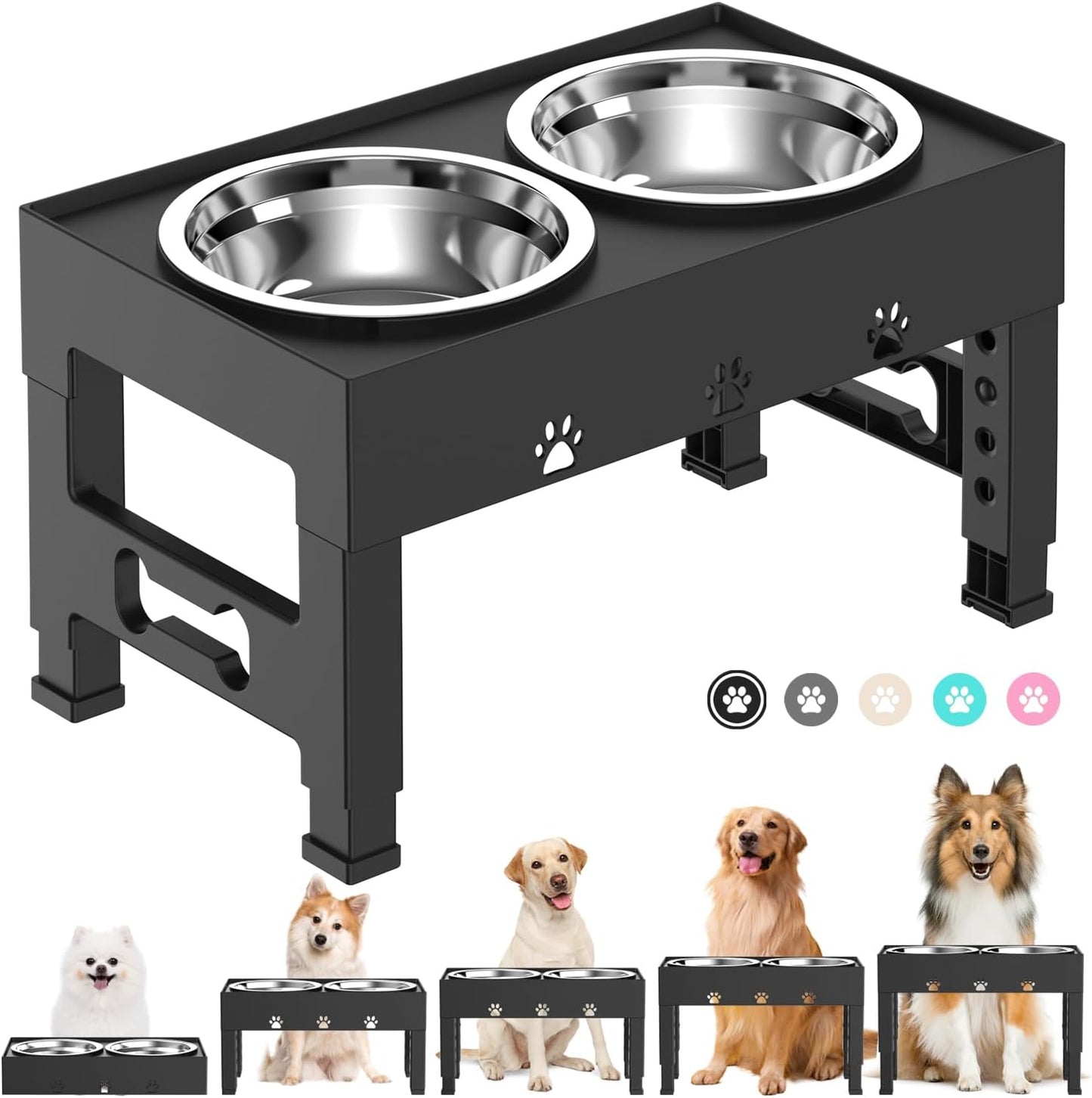 Elevated Dog Bowls with 2 Stainless Steel Dog Food Bowls 5 Height Adjustable Raised Dog Bowl Stand Non-Slip Dog Feeder Adjusts to 3.1”, 9”, 10”, 11”, 12” Tall for Medium Large Dogs - Black