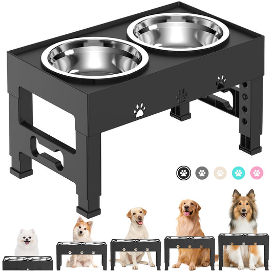 Elevated Dog Bowls with 2 Stainless Steel Dog Food Bowls 5 Height Adjustable Raised Dog Bowl Stand Non-Slip Dog Feeder Adjusts to 3.1”, 9”, 10”, 11”, 12” Tall for Medium Large Dogs - Black