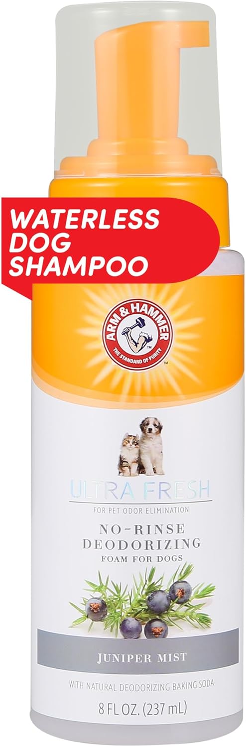 Arm & Hammer for Pets Ultra Fresh Dog Deodorizing Foam, Juniper Mist Scent - No Rinse Waterless Dog Shampoo for Smelly Dogs, Pet Deodorizer, Bathing Supplies, 8 Fl Oz