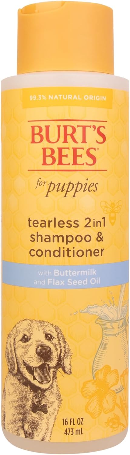 Burt's Bees for Pets Tearless Puppy Shampoo - Naturally Derived Puppy Wash with Buttermilk & Linseed Oil - Safe Natural Dog Shampoo and Conditioner - Gentle Dog Shampoo for All Dogs - 16 Oz