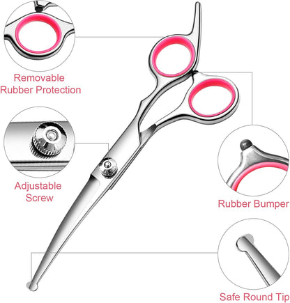 Dog Grooming Scissors with Safety Round Tips Stainless Steel Professional Dog Grooming Kit - Thinning, Curved Scissors and Comb for Dog Cat Pet (Pink 4 in 1)