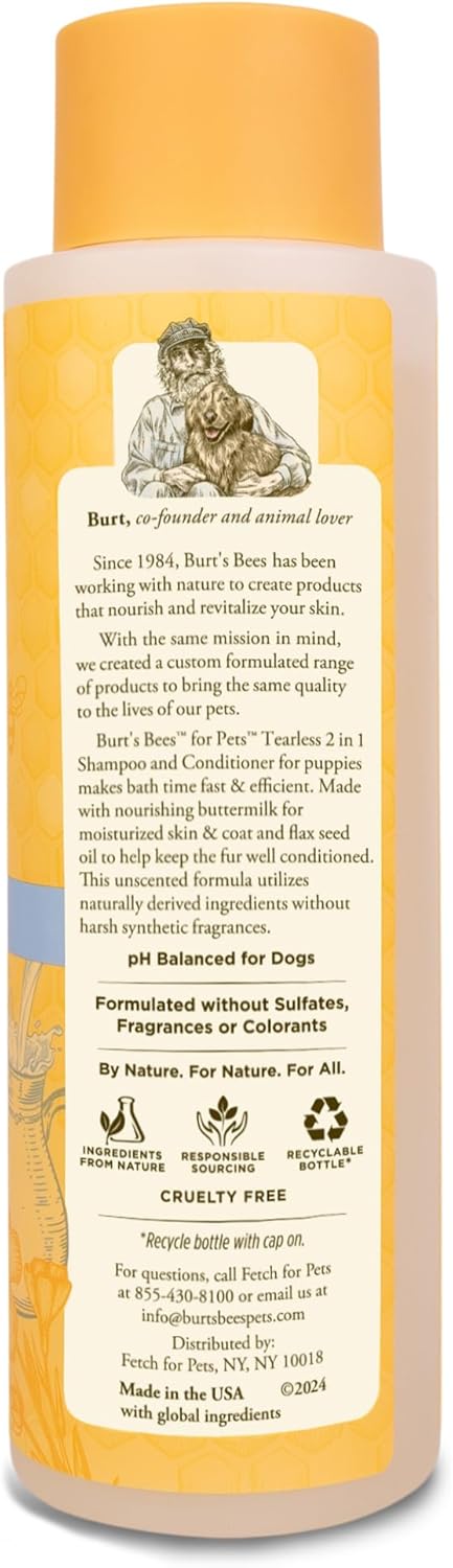 Burt's Bees for Pets Tearless Puppy Shampoo - Naturally Derived Puppy Wash with Buttermilk & Linseed Oil - Safe Natural Dog Shampoo and Conditioner - Gentle Dog Shampoo for All Dogs - 16 Oz