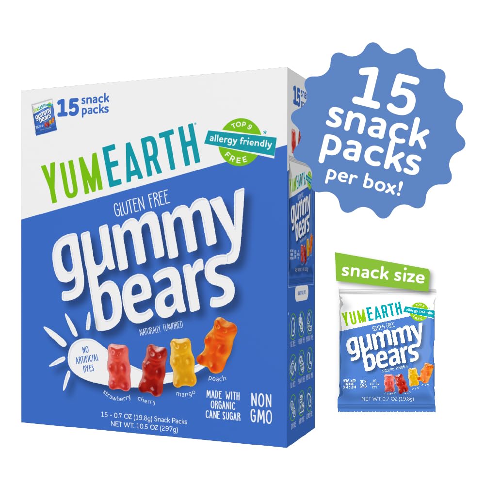 YumEarth Organic Gummy Bears - Fruity Gummy Candy Snack Packs, Gluten Free Snacks for Kids - Allergy Friendly, Non-GMO, No Artificial Flavors or Dyes - Assorted Flavors, 0.7 Oz - 15 Count (Pack of 1)