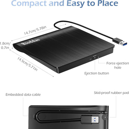 External CD/DVD Drive for Laptop, USB 3.0 CD DVD Player Portable +/-RW Burner CD ROM Reader Writer Disk Duplicator Compatible with Laptop Desktop PC Windows Apple Mac Pro MacBook Linux