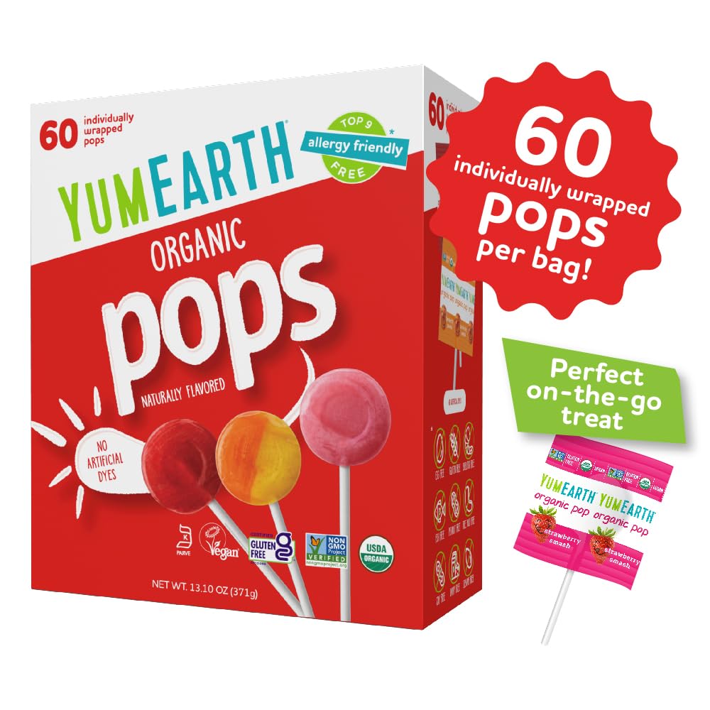 YumEarth Organic Pops Variety Pack, 60 Fruit Flavored Favorites Lollipops, Allergy Friendly, Gluten Free, Non-GMO, Vegan, No Artificial Flavors or Dyes