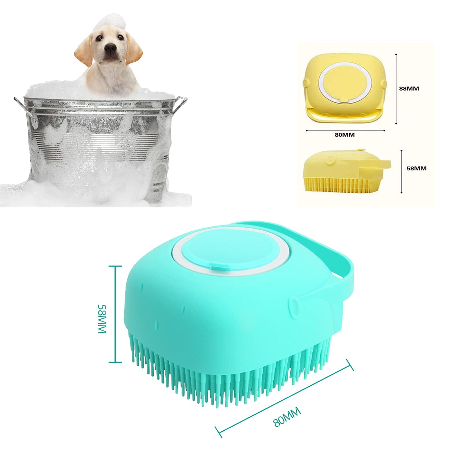 ELEGX Pet Grooming Bath Massage Brush with Soap and Shampoo Dispenser Soft Silicone Bristle for Long Short Haired Dogs Cats Shower (Yellow)