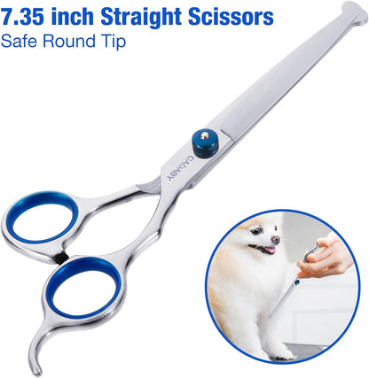 Dog Grooming Scissors with Safety Round Tips,5 in 1 Dog Grooming Scissors Kit, 4CR Stainless Steel Professional Pet Grooming Shears for Dog, Cat,Sharp and Sturdy