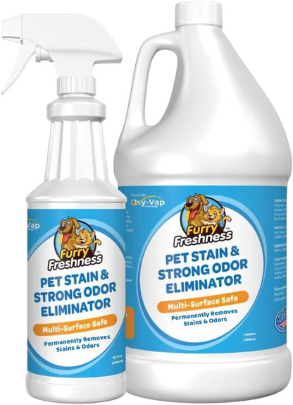 FurryFreshness Extra Strength Cat or Dog Pee Stain & Permanent Odor Remover + Smell Eliminator -Removes Stains from Pets & Kids Including Urine or Blood- Lifts Old Carpet Stains- 32oz Spray & 1 Gallon