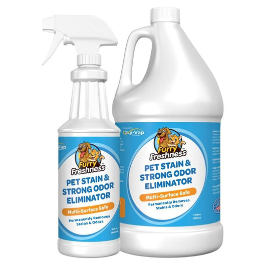 FurryFreshness Extra Strength Cat or Dog Pee Stain & Permanent Odor Remover + Smell Eliminator -Removes Stains from Pets & Kids Including Urine or Blood- Lifts Old Carpet Stains- 32oz Spray & 1 Gallon