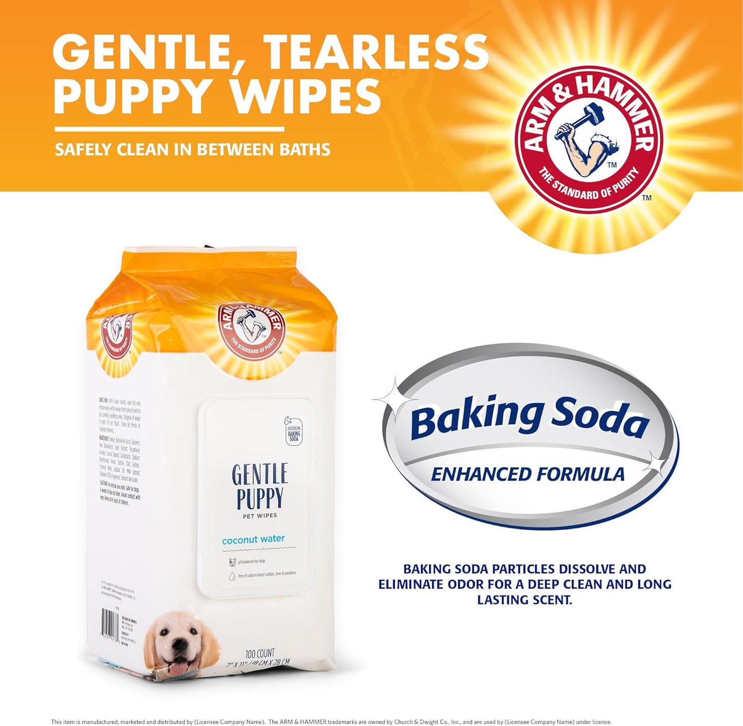 Arm & Hammer Dog Grooming Wipes - Natural Deodorizing Pet Wipe with Coconut - Travel Essential & Supplies for Dogs - Dog Whole Body & Face Cleaning - Odor Eliminator with Baking Soda Power - 100 Count