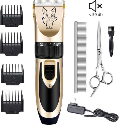 Dog Grooming Kit Clippers, Low Noise, Electric Quiet, Rechargeable, Cordless, Pet Hair Thick Coats Clippers Trimmers Set, Suitable for Dogs, Cats, and Other Pets (Gold)