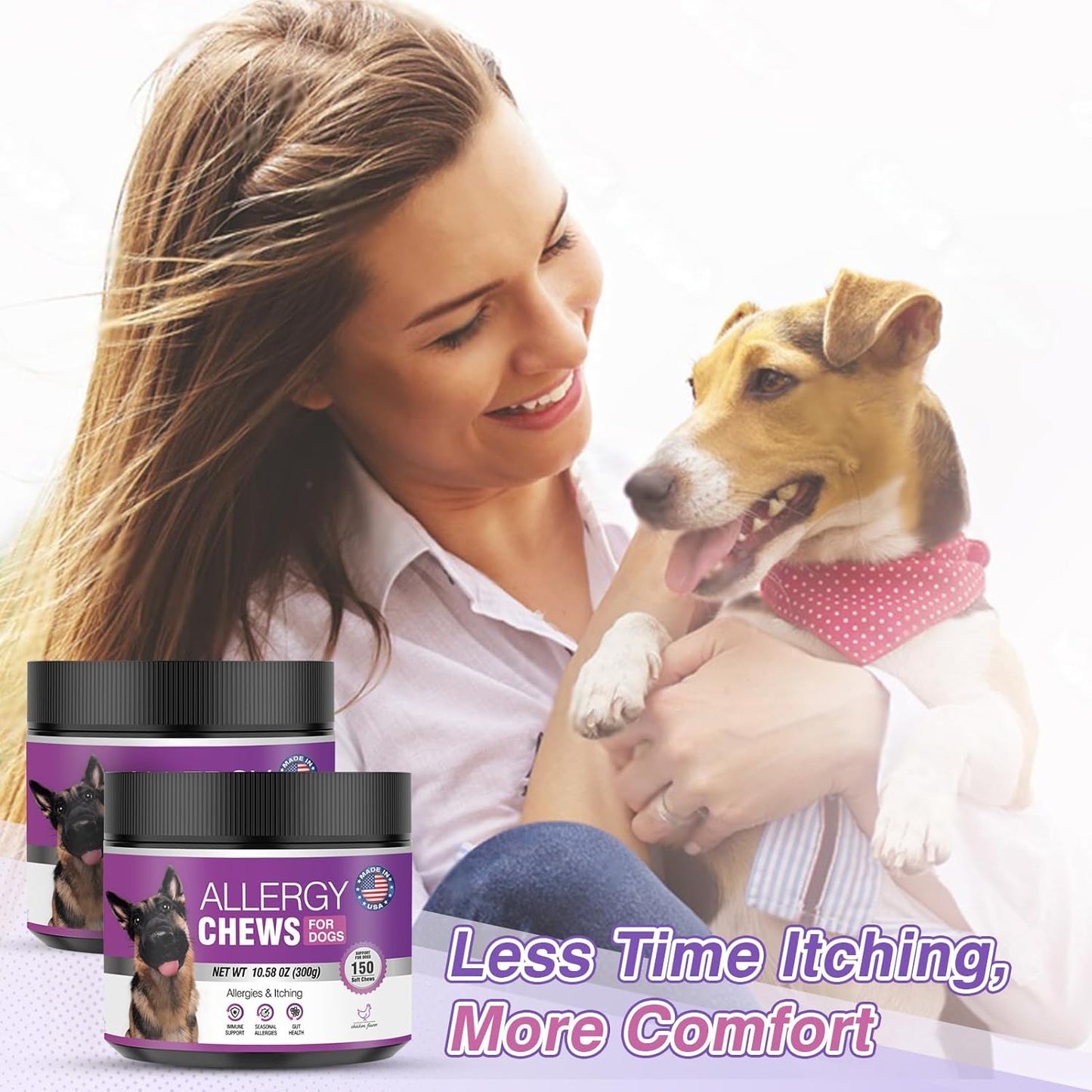 Dog Allergy Chews 300Treats Dog Allergy and Itching Skin Relief Anti Itch Aller Immune Bites for Dogs Itching Itchy Paw Relief Itch Allergy Probiotics Support Chew Vitamins for Skin and Coat Allergies