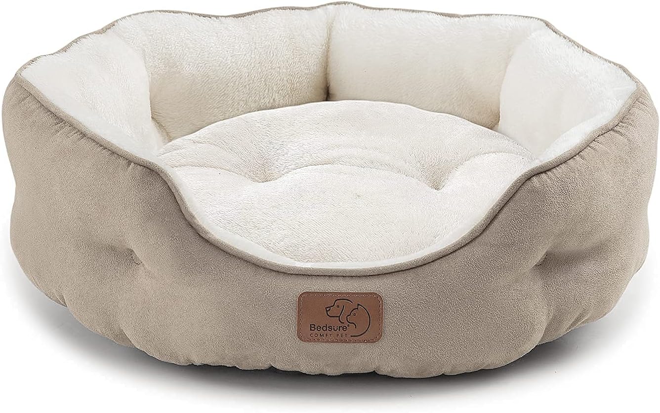 Bedsure Dog Beds for Small Dogs - Round Cat Beds for Indoor Cats, Washable Pet Bed for Puppy and Kitten with Slip-Resistant Bottom, 20 Inches, Taupe