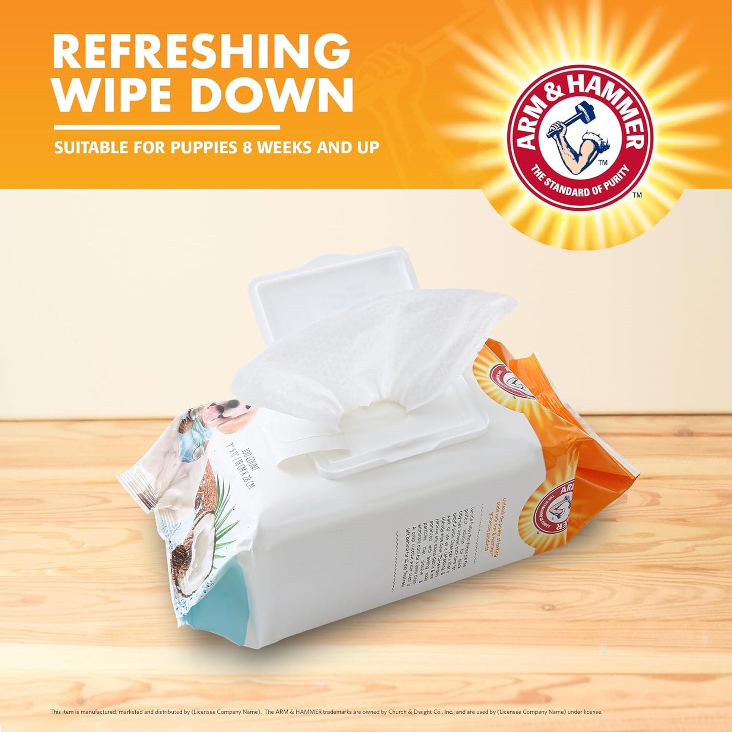 Arm & Hammer Dog Grooming Wipes - Natural Deodorizing Pet Wipe with Coconut - Travel Essential & Supplies for Dogs - Dog Whole Body & Face Cleaning - Odor Eliminator with Baking Soda Power - 100 Count