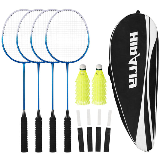 HIRALIY Badminton Rackets Set of 4 for Outdoor Backyard Games, Including 4 Rackets, 12 Nylon Shuttlecocks, 4 Replacement Grip Tapes and 1 Carrying Bag