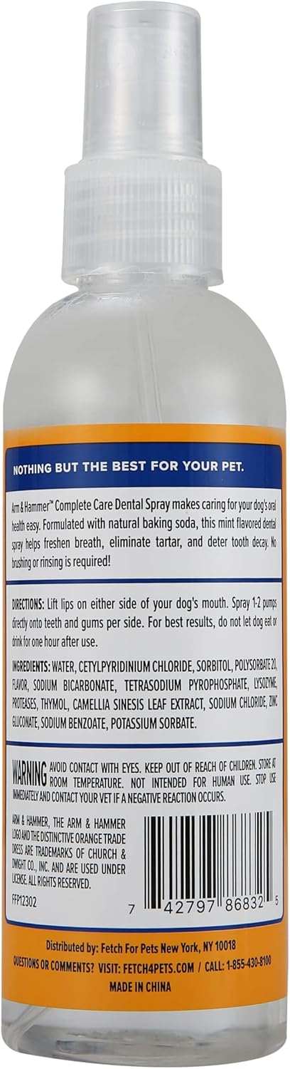 Arm & Hammer Complete Care Dog Dental Spray, 6 Fl Oz | Mint Flavor Dog Dental Spray for Easy Brushless Cleaning | Baking Soda Enhanced Formula for Fresh Breath and Tartar Control