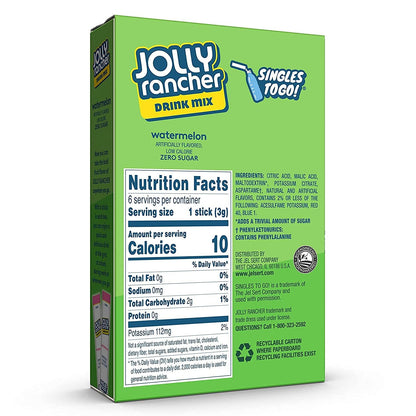 Jolly Rancher Singles-To-Go Sugar Free Drink Mix, Watermelon, 6 CT (Pack of 6)