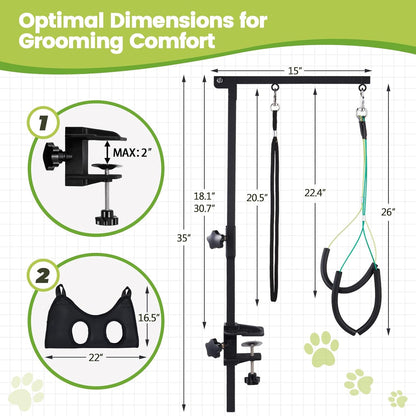 Dog Grooming Table Arm with Hammock, 35" Adjustable Height Grooming Arm with Clamp and No-Sit Haunch Holders, Suitable for Small & Medium Pets (Grooming Table Not Included)