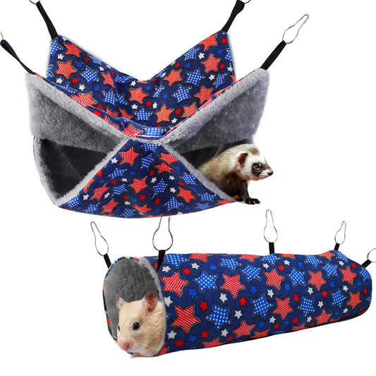 Ferret Rat Hammock Set Guinea Pig Hideout Bed,Soft Hamster Toys Hanging Tunnels and Tubes,Plush Small Animal Pet Chinchilla for Cage Accessories Hide,Play and Sleep,2 Pack,Blue Star