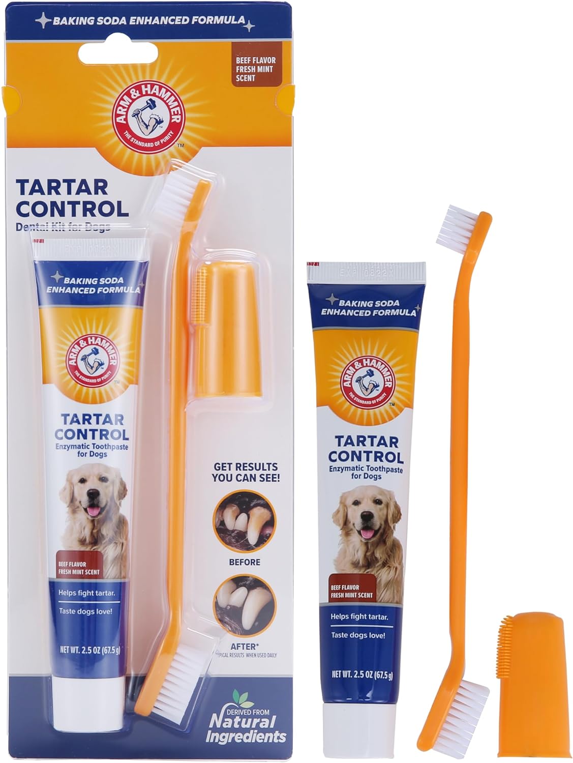 Arm & Hammer for Pets Tartar Control Kit for Dogs | Contains Toothpaste, Toothbrush & Fingerbrush | Reduces Plaque & Tartar Buildup | Safe for Puppies, 3-Piece , Beef Flavor