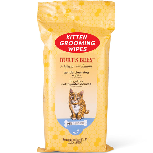 Burt's Bees for Pets Gentle Kitten Wipes - Grooming Wipes for Cleaning Coat and Paws, Kitten Supplies for Indoor Cats, Kitten Essentials - Formulated without Sulfates and Parabens, 50 Count