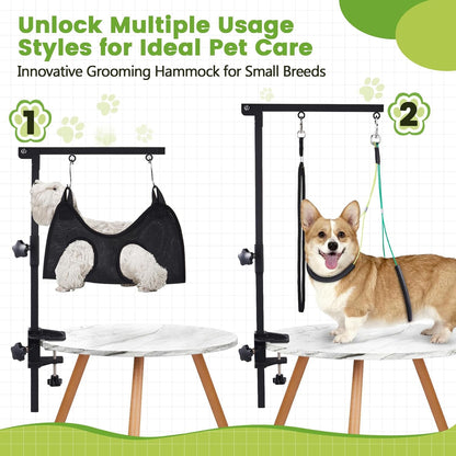 Dog Grooming Table Arm with Hammock, 35" Adjustable Height Grooming Arm with Clamp and No-Sit Haunch Holders, Suitable for Small & Medium Pets (Grooming Table Not Included)