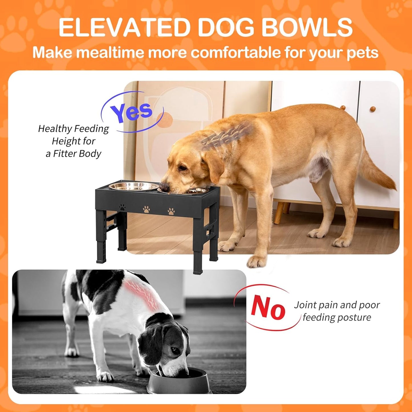 Elevated Dog Bowls with 2 Stainless Steel Dog Food Bowls 5 Height Adjustable Raised Dog Bowl Stand Non-Slip Dog Feeder Adjusts to 3.1”, 9”, 10”, 11”, 12” Tall for Medium Large Dogs - Black