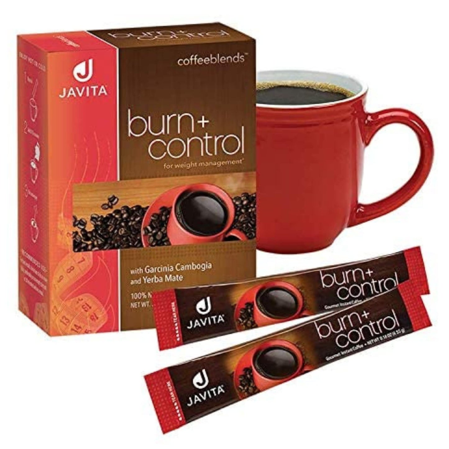 Javita Burn + Control Instant Coffee w Weight Management Herbs: Garcinia Cambogia & Yerba Mate. Slimming Coffee with Help of Exercise, Keto Coffee, Dieters Drink, 1 box - 24 (4.55g) Sticks