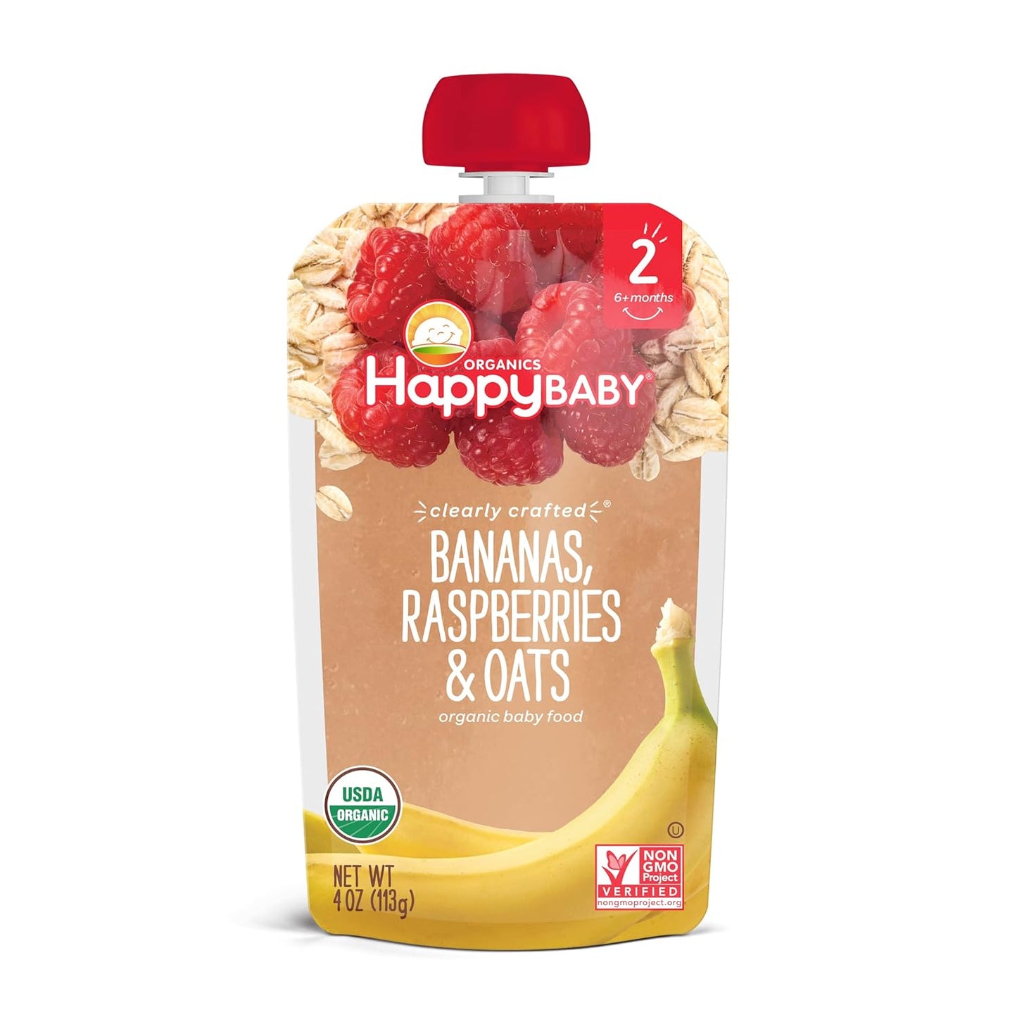 Happy Baby Organics Stage 2 Baby Food Pouches, Gluten Free, Vegan & Healthy Snack, Clearly Crafted Fruit & Veggie Puree, Bananas, Raspberries & Oats, 4 Ounces (Pack of 16)