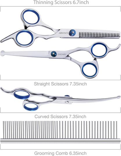 Dog Grooming Scissors with Safety Round Tips,5 in 1 Dog Grooming Scissors Kit, 4CR Stainless Steel Professional Pet Grooming Shears for Dog, Cat,Sharp and Sturdy