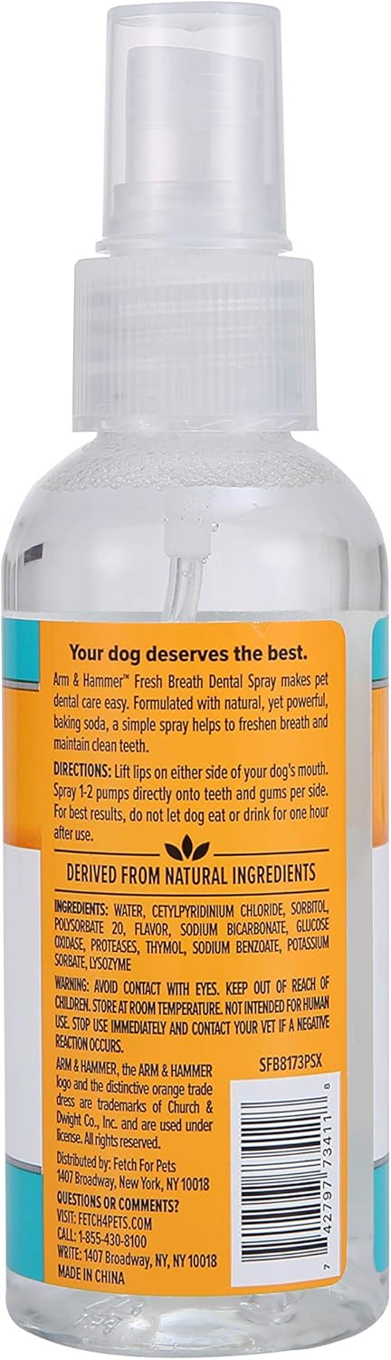 Arm & Hammer for Pets Dog Oral Care Spray - Fresh Breath & Teeth Cleaning Spray - Pet Breath Freshener - Reduce Plaque & Tartar Buildup - Healthy Mouth Hygiene Solution for Dogs - Mint Flavor, 4 Oz