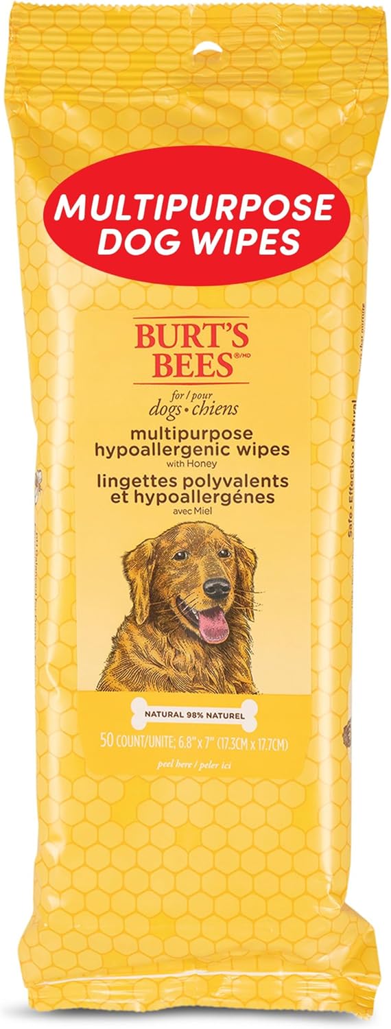 Burt's Bees for Pets Multipurpose Hypoallergenic Dog Wipes - Moisturizing and Deodorizing Grooming Pet Wipes for Dogs, Cruelty Free Pet Cleaning and Bathing Supplies, Puppy Essentials, 50 Count